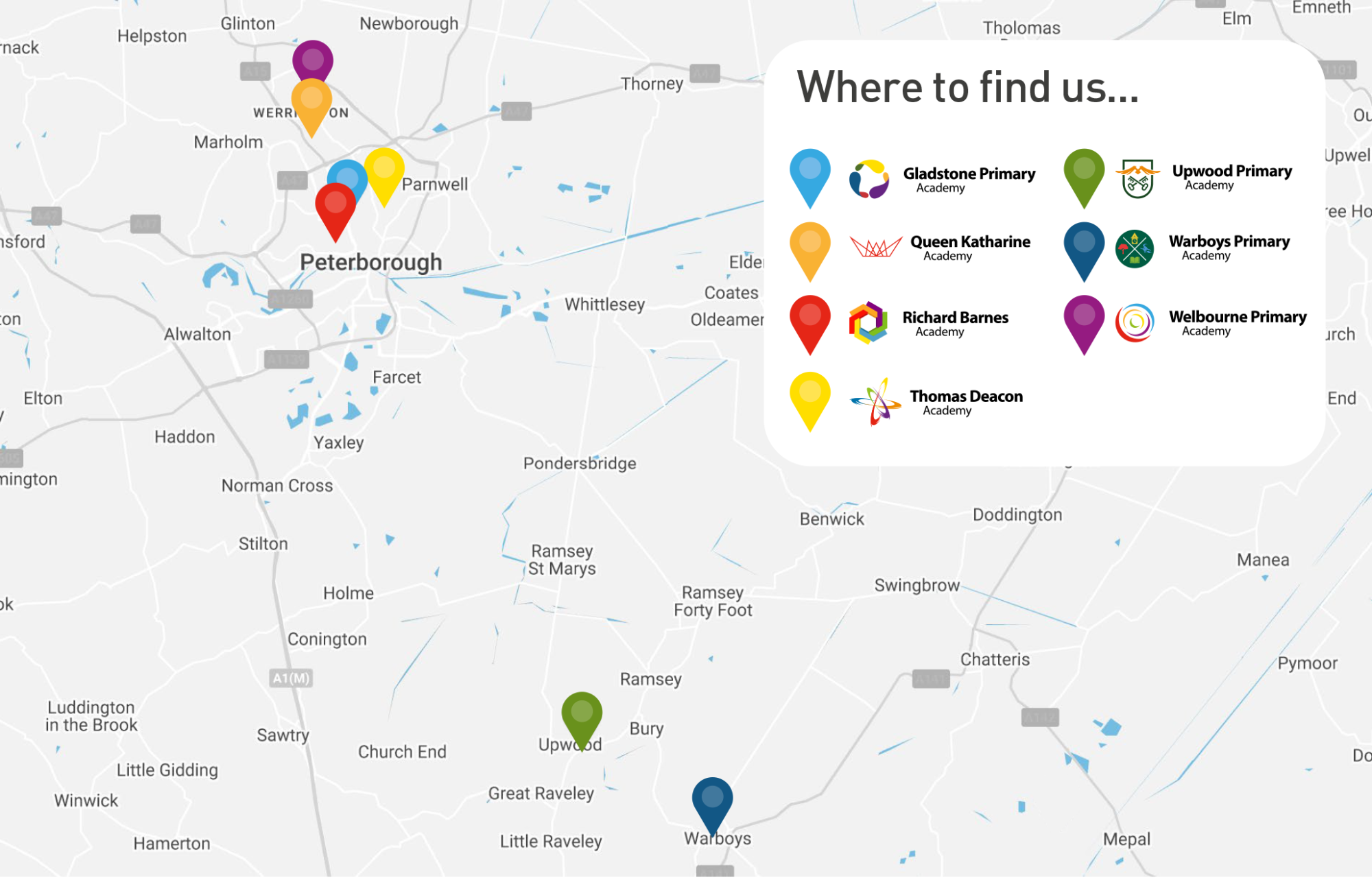 Map showing the location of  each of the schools.